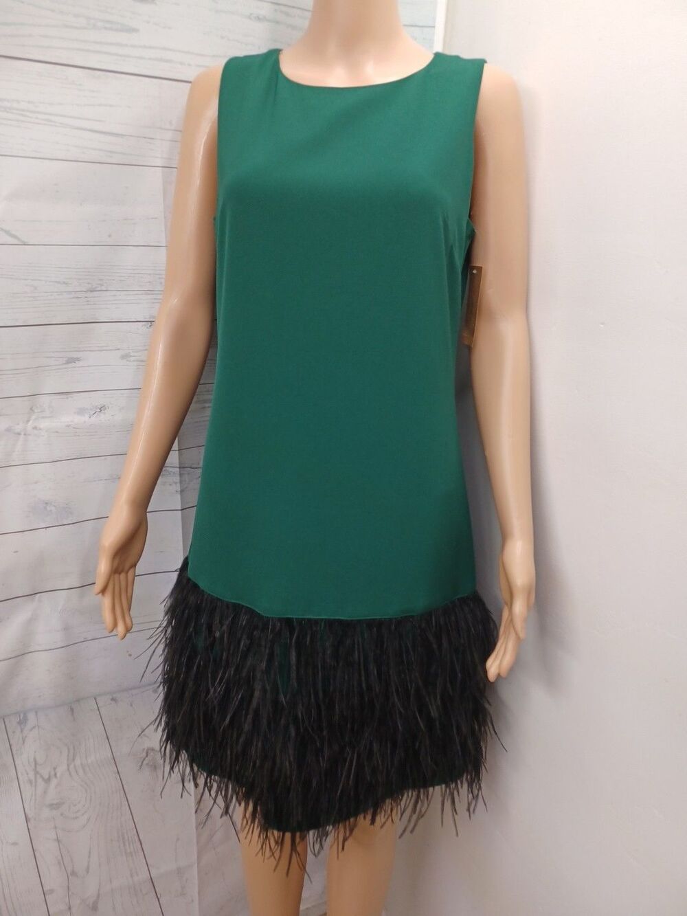 Cremieux Green Shift Dress Sz 6 - S Sleeveless Ostrich Feather Hem NWT $159